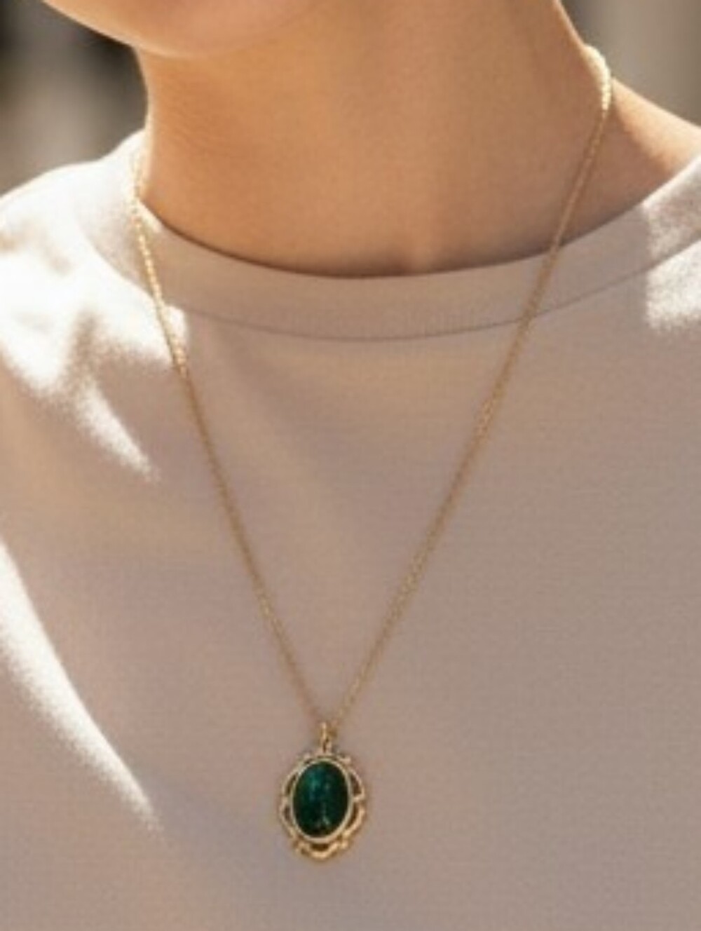 Vintage-Inspired Goldtone Pendant Necklace with Green Stone